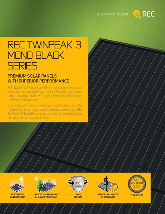 REC 325W Alpha Pure Black Series REC325TP3M Black Frame Solar Panel - 20.1% Max Efficiency 325W Solar Panel (Single Panel)