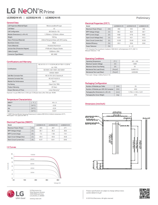 LG Solar Neon R Series 360W LG360Q1K-V5 Solar module BOB Data Sheet Page 2 Treepublic Solar Installers